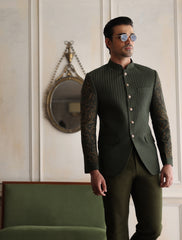 GREEN HERRING BONE EMBROIDERED PRINCE COAT