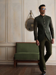GREEN HERRING BONE EMBROIDERED PRINCE COAT