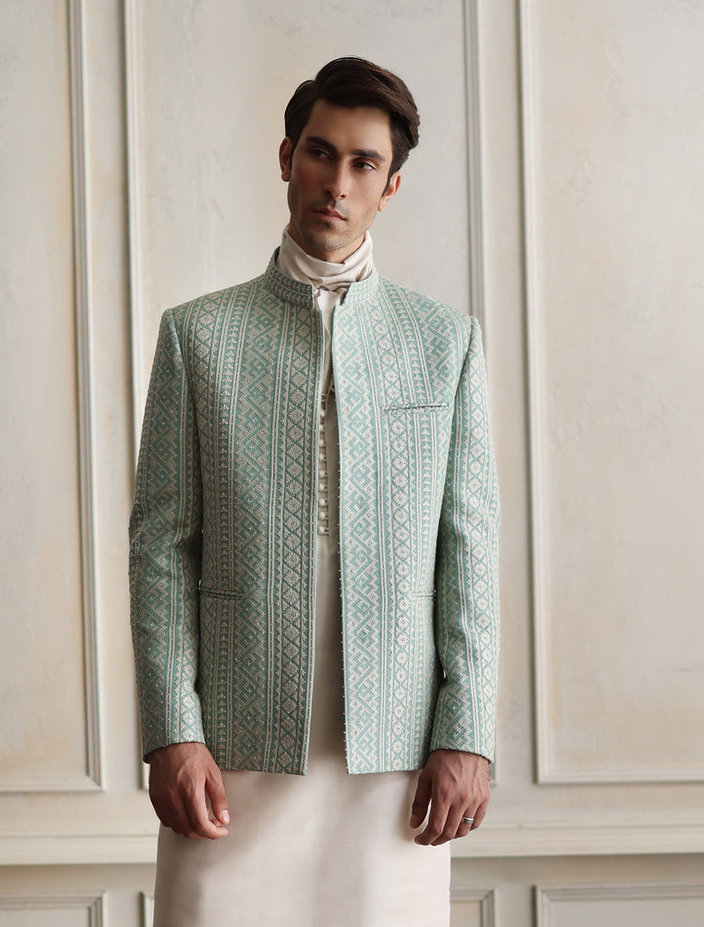 HK Fashion Raw Silk Mens - Emerald Green Embroidered Prince Coat main image 1