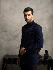 NAVY BLUE PRINCE COAT WITH VELVET APPLIQUE