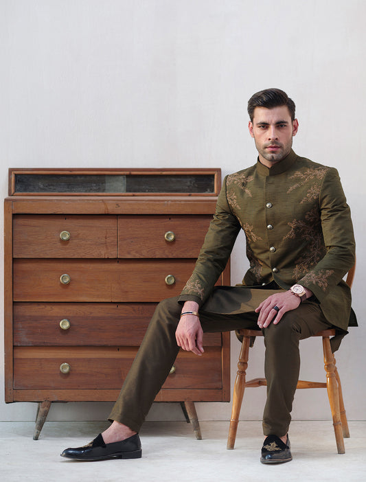 GREEN RAWSILK PRINCE COAT WITH  HAND EMBROIDEREY ON FRONT BACK & SLEEVES