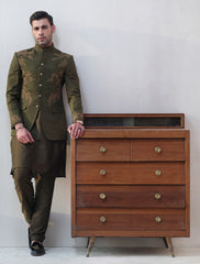 GREEN RAWSILK PRINCE COAT WITH  HAND EMBROIDEREY ON FRONT BACK & SLEEVES