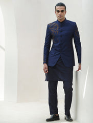 BLUE RAWSILK HAND EMBROIDERED PRINCE COAT