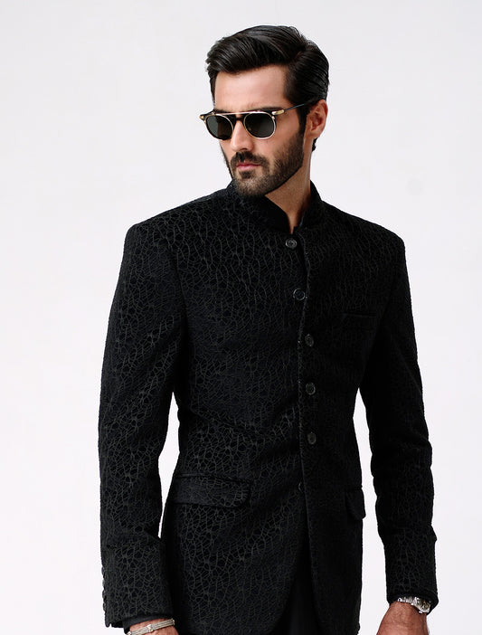 BLACK VELVET ABSTRACT EMBROIDERED PRINCE COAT - LIMITED EDITION
