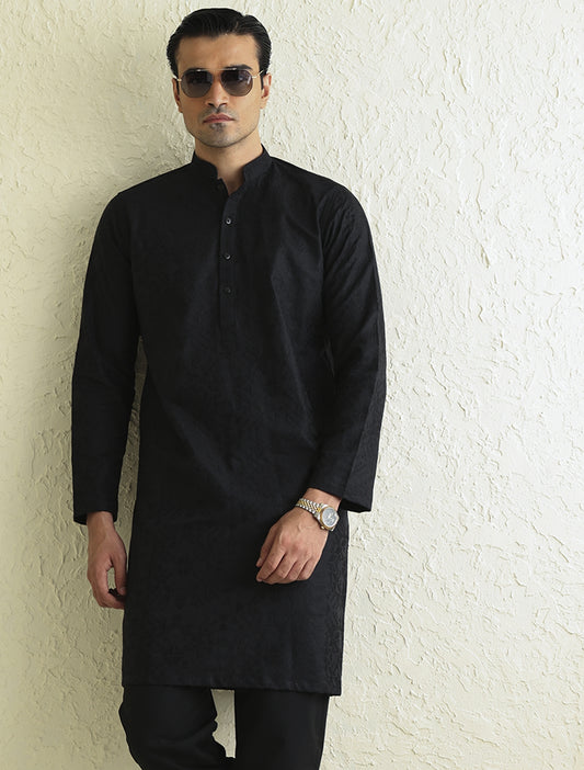 BLACK SELF EMBROIDERED KURTA-S
