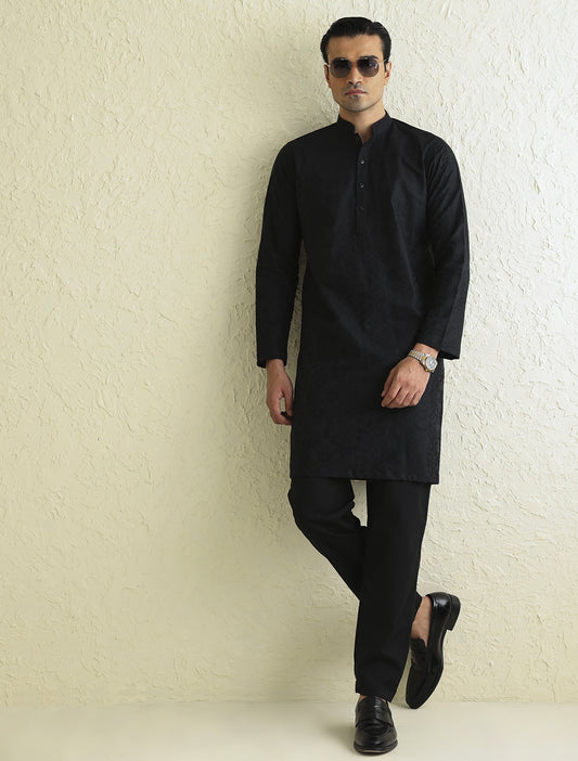 BLACK SELF EMBROIDERED KURTA-S