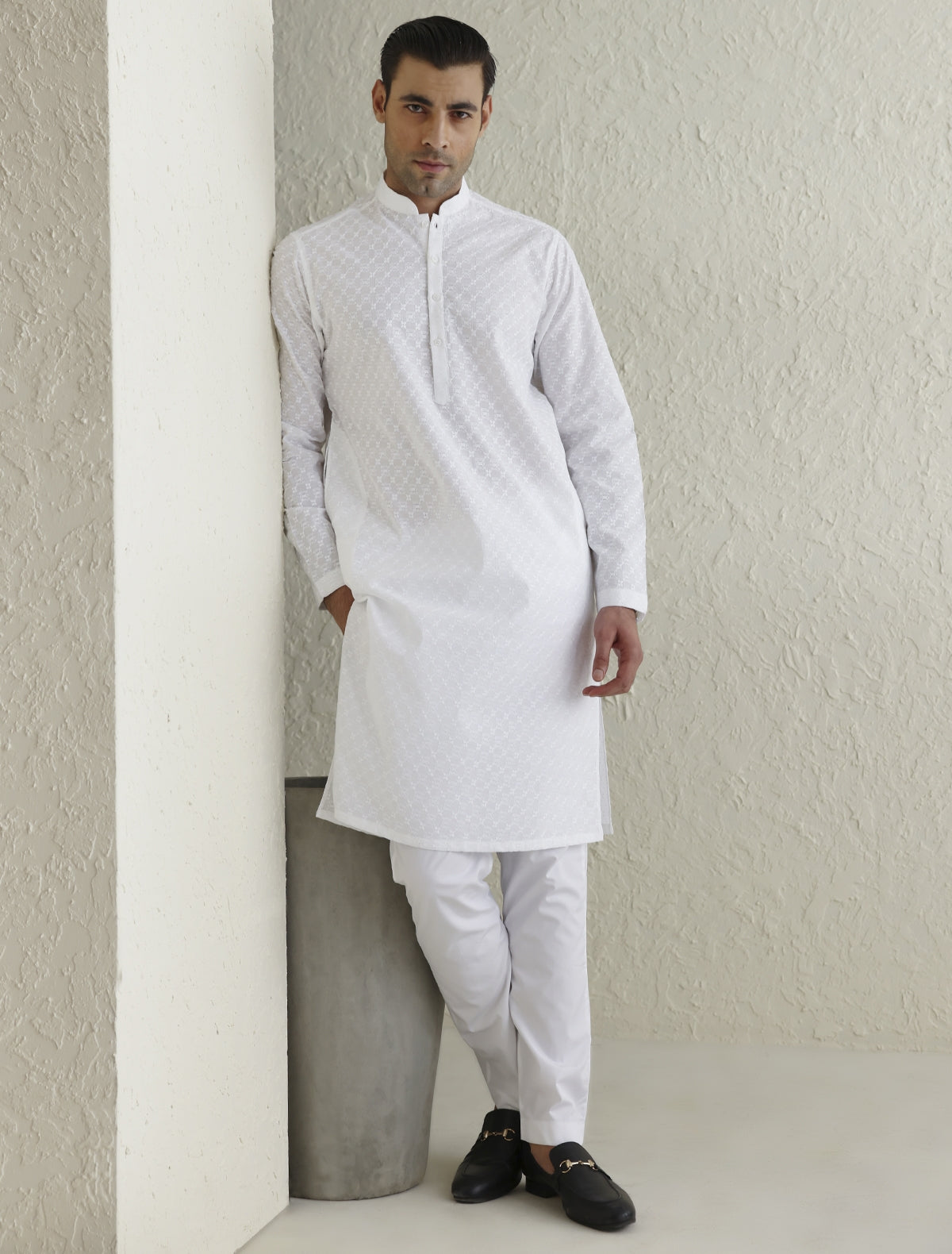 WHITE SELF EMBROIDERED KURTA-S