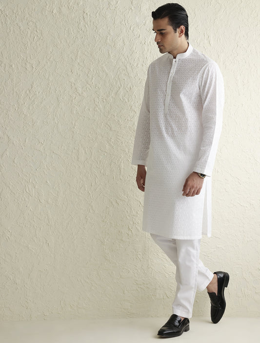 WHITE SELF EMBROIDERED KURTA-S