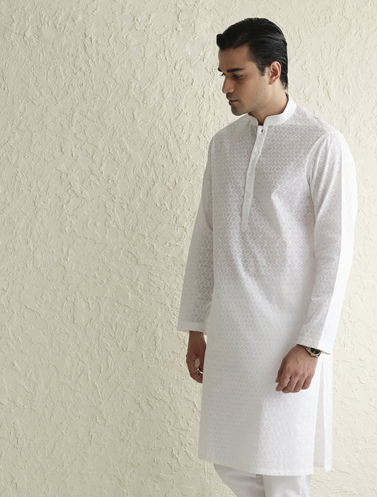 WHITE SELF EMBROIDERED KURTA-S