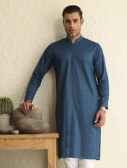 BLUE SELF EMBROIDERED KURTA-S