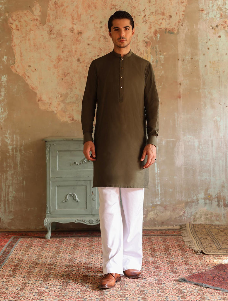 Olive Green Plain Flex Cotton Kurta