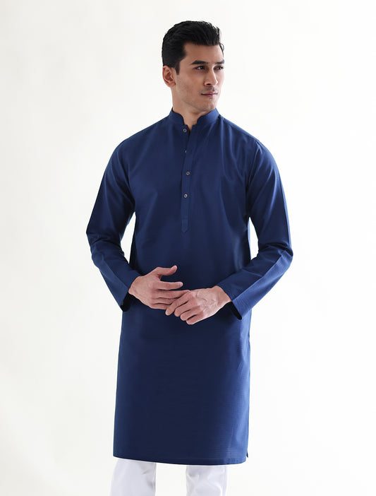 BLUE SELF DESIGN KURTA WITH ISMAIL FARID SIGNATURE RED DETAILS