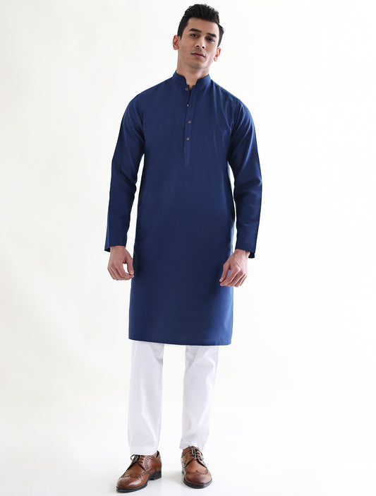 BLUE SELF DESIGN KURTA WITH ISMAIL FARID SIGNATURE RED DETAILS