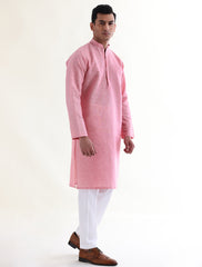 PINK COTTON LINEN TEXTURED KURTA WITH FRONT LOGO