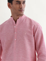 PINK COTTON LINEN TEXTURED KURTA WITH FRONT LOGO