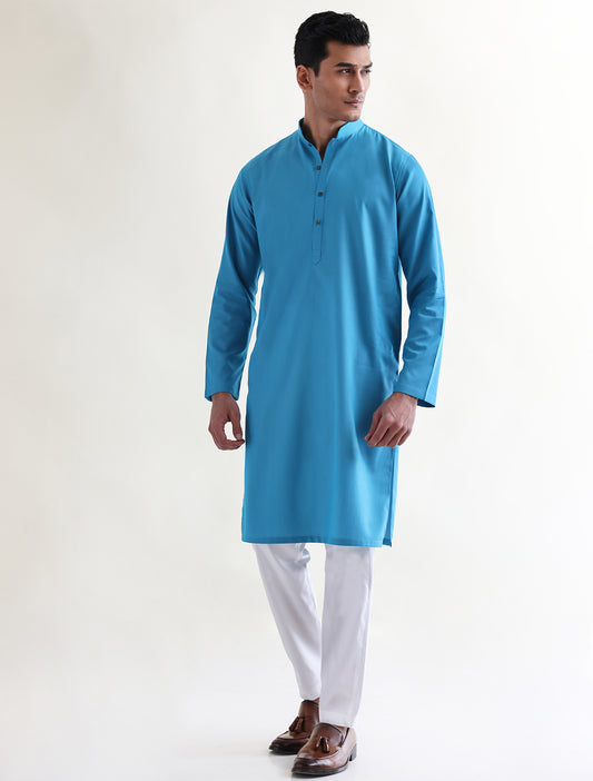 TURQUOISE SELF-STRIPE COTTON KURTA