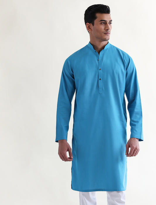 TURQUOISE SELF-STRIPE COTTON KURTA