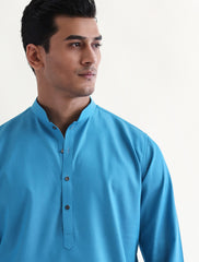 TURQUOISE SELF-STRIPE COTTON KURTA