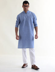 LIGHT BLUE COTTON LINEN TEXTURED KURTA WITH FRONT LOGO
