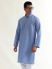LIGHT BLUE COTTON LINEN TEXTURED KURTA WITH FRONT LOGO