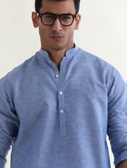 LIGHT BLUE COTTON LINEN TEXTURED KURTA WITH FRONT LOGO