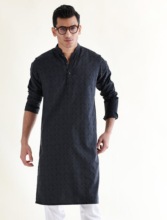 BLACK COTTON JACQUARD FABRIC KURTA