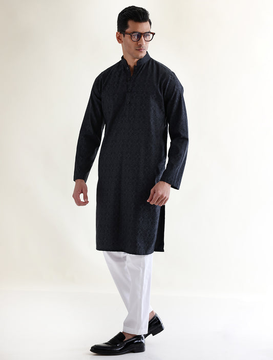 BLACK COTTON JACQUARD FABRIC KURTA