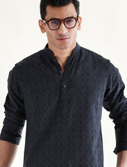 BLACK COTTON JACQUARD FABRIC KURTA