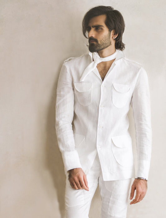WHITE FOUR POCKET LINEN SHIRT