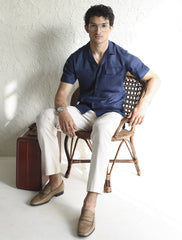 NAVY FRONT POCKETS LINEN SHIRT