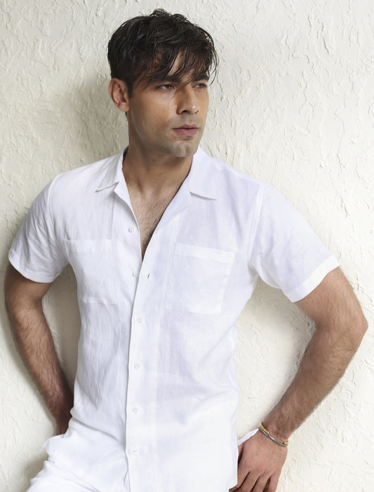 WHITE FRONT POCKETS LINEN SHIRT