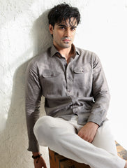 BROWN FRONT POCKETS LINEN SHIRT