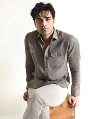 BROWN FRONT POCKETS LINEN SHIRT