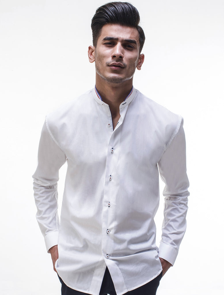 White Mandarin Collar Cotton Shirt Style Top