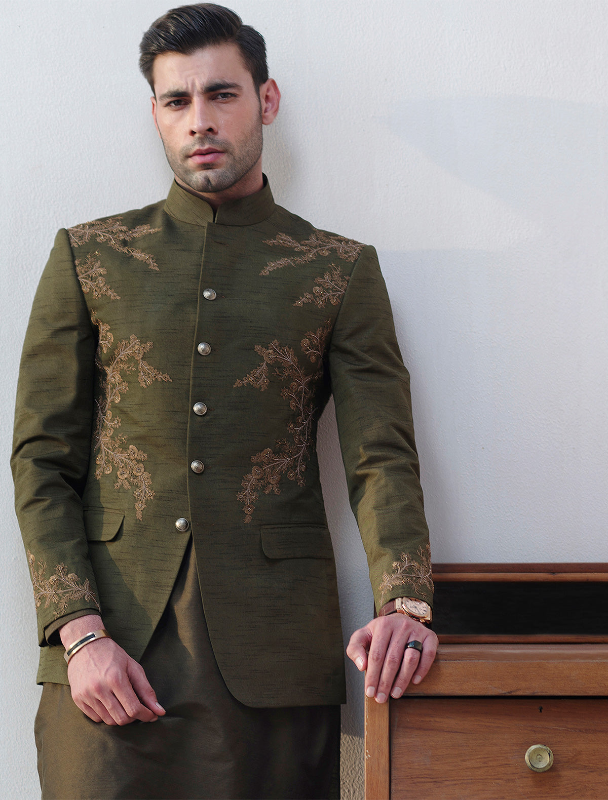 GREEN RAWSILK PRINCE COAT WITH  HAND EMBROIDEREY ON FRONT BACK & SLEEVES