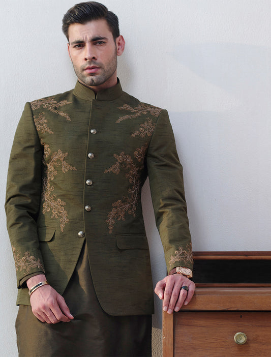 GREEN RAWSILK PRINCE COAT WITH  HAND EMBROIDEREY ON FRONT BACK & SLEEVES