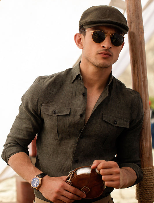 GREEN DOUBLE POCKET LINEN SHIRT