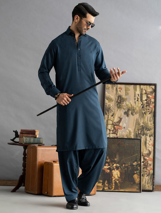 TEAL BLUE - LOGO EMBROIDERED KAMEEZ SHALWAR