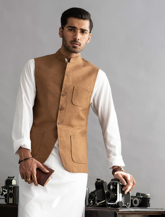 TAN HERRINGBONE WAISTCOAT