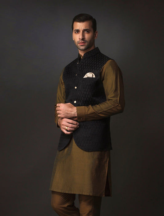 BLACK SELF MESH EMBROIDERED WAISTCOAT