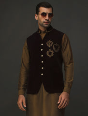 DARK BROWN VELVET WITH FRONT BACK EMBROIDERY