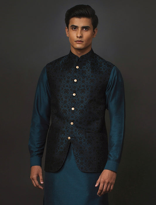 TURQUOISE WITH BLACK JAMAWAR WAISTCOAT