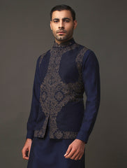 NAVY RAWSILK EMBROIDERED WAISTCOAT