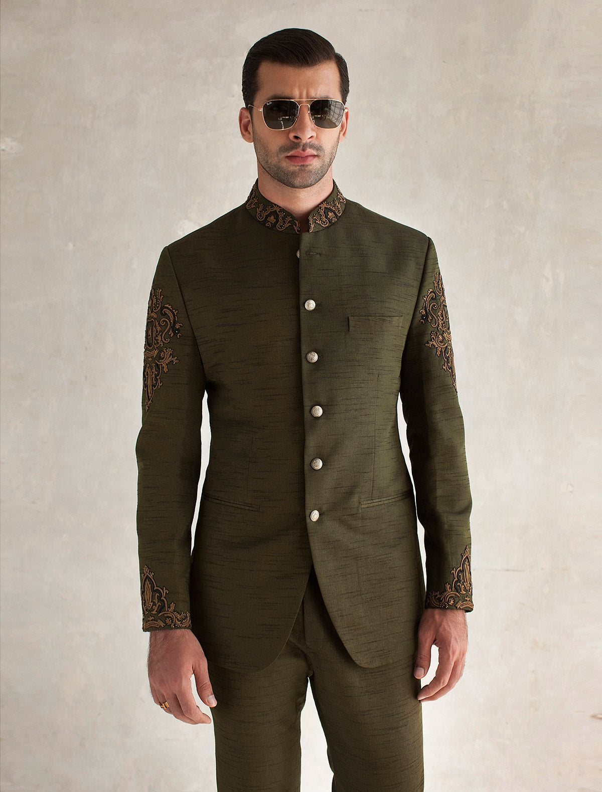 CLASSIC GREEN HAND EMBROIDERED PRINCE COAT