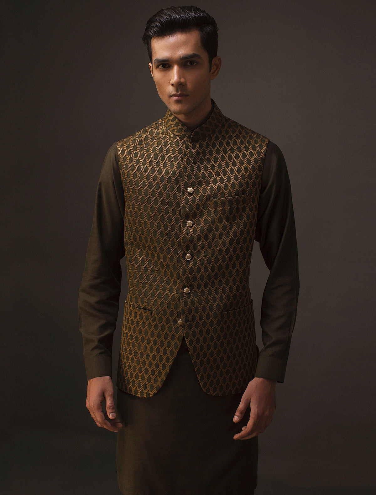 GREEN WITH GOLDEN MESH EMBROIDERED WAISTCOAT