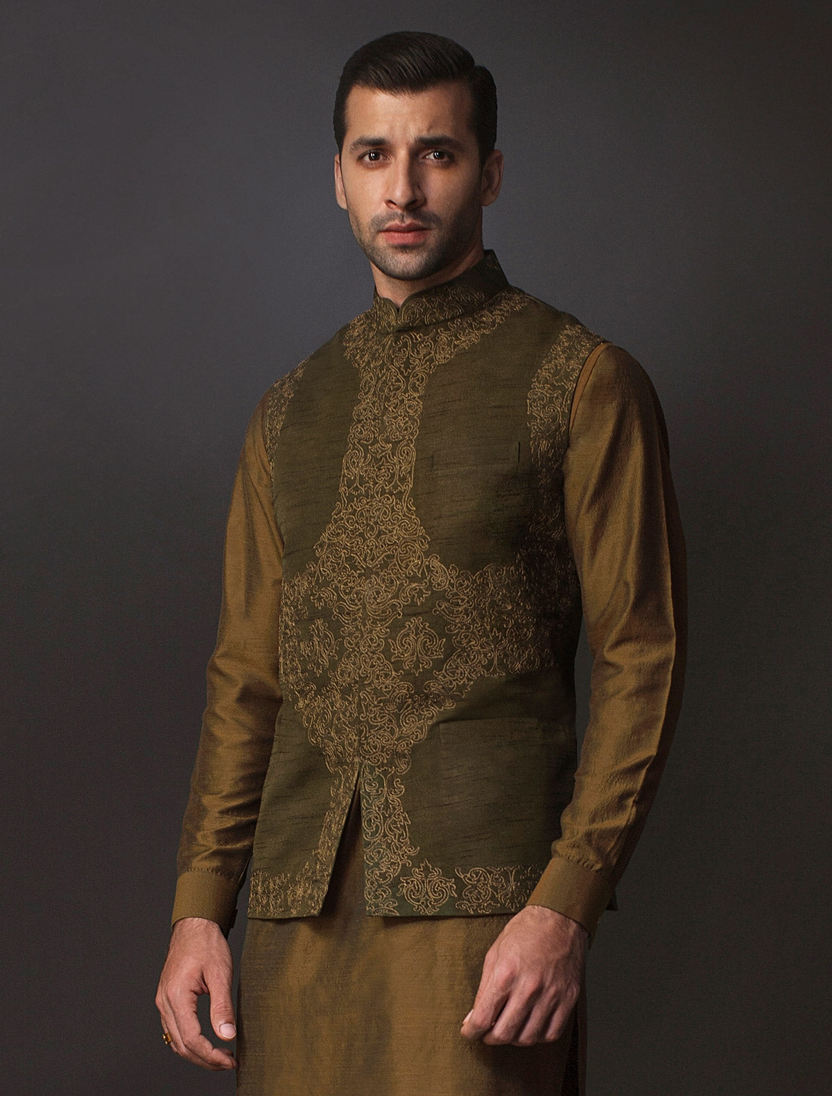 GREEN RAWSILK EMBROIDERED WAISTCOAT