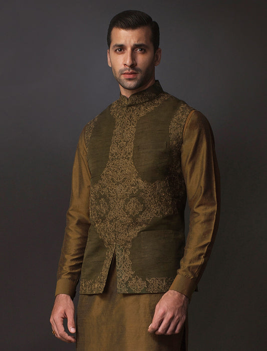 GREEN RAWSILK EMBROIDERED WAISTCOAT