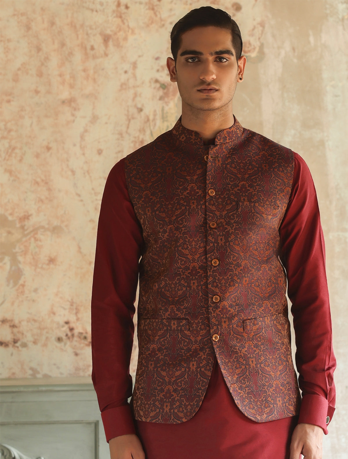 MAROON JAMAWAR WAISTCOAT