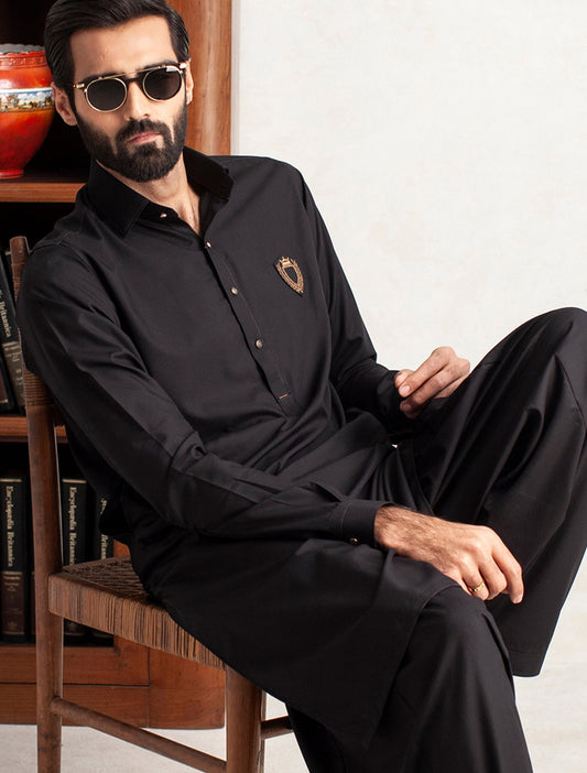 BLACK SHIRT COLLAR MONOGRAM KAMEEZ SHALWAR