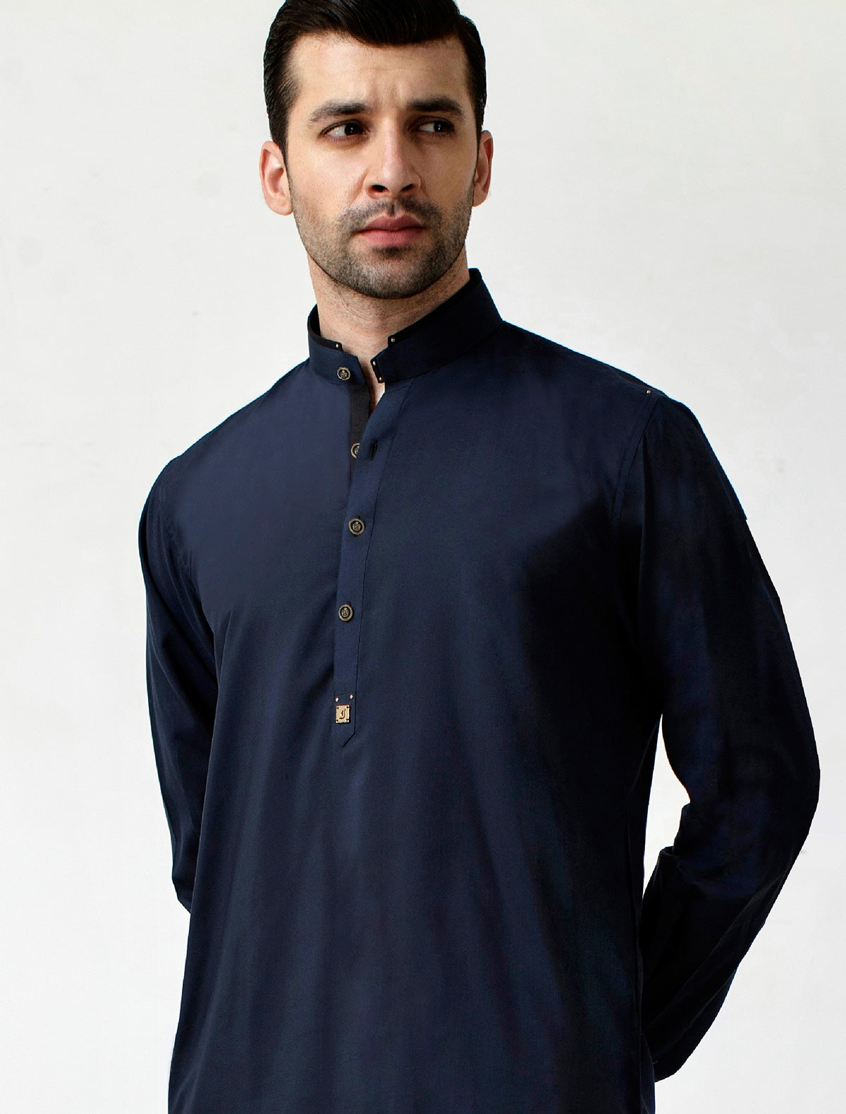 NAVY BLUE METAL LOGO EMBALISHED KAMEEZ SHALWAR